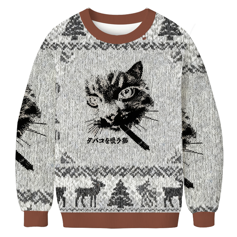 Retro Cat Smoking Christmas Ugly Sweatshirt