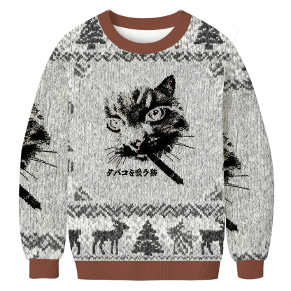 Retro Cat Smoking Christmas Ugly Sweatshirt