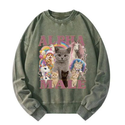 Alpha Male Funny Cat Meme Washed Sweatshirt