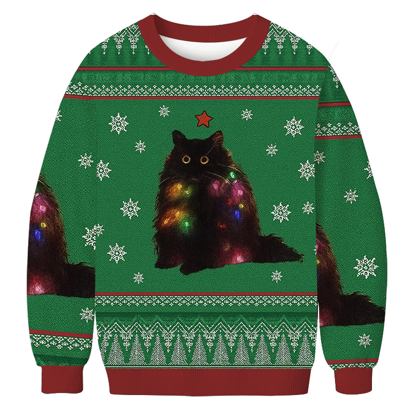 Lights Cat Japanese Green Christmas Ugly Sweatshirt