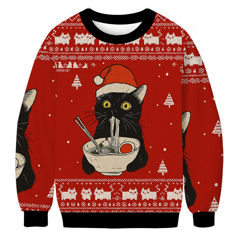 Funny Taking a Cat to Eat Ramen Christmas Ugly Sweatshirt