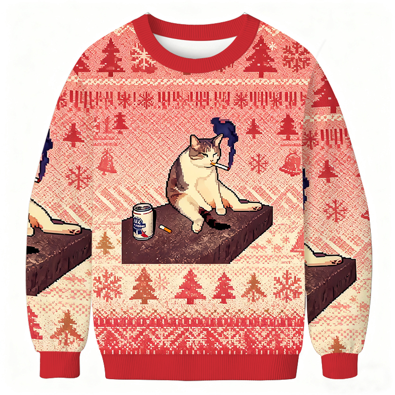 Cigarette Kitten Funny Smoking Cat Meme Christmas Ugly Sweatshirt
