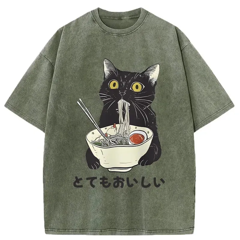 Cats Eat Ramen Noodles Washed T-Shirt