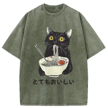 Cats Eat Ramen Noodles Washed T-Shirt
