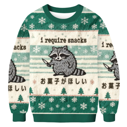 Baddiecat Raccoon I Require Snacks Christmas Ugly Sweatshirt