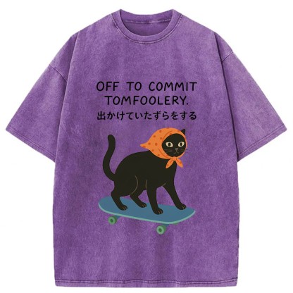 Tokyoviva Off To Commit Tomfoolery Digital Art Print Funny Black Cat Washed T-shirt