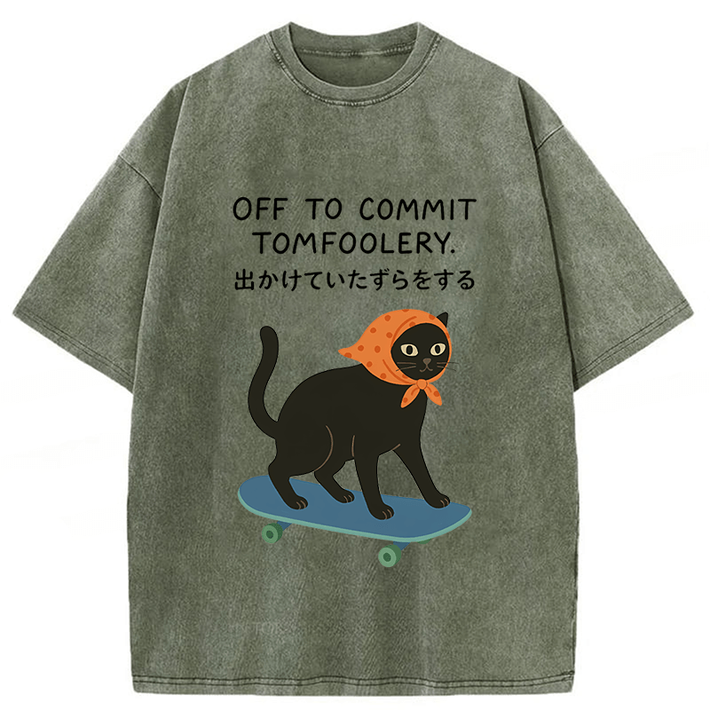 Tokyoviva Off To Commit Tomfoolery Digital Art Print Funny Black Cat Washed T-shirt