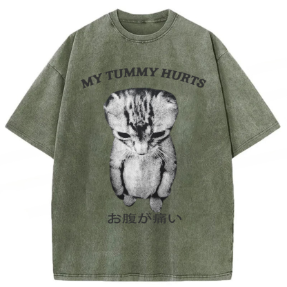 Tokyoviva Japanese Cat My Tummy Hurt Washed T-shirt