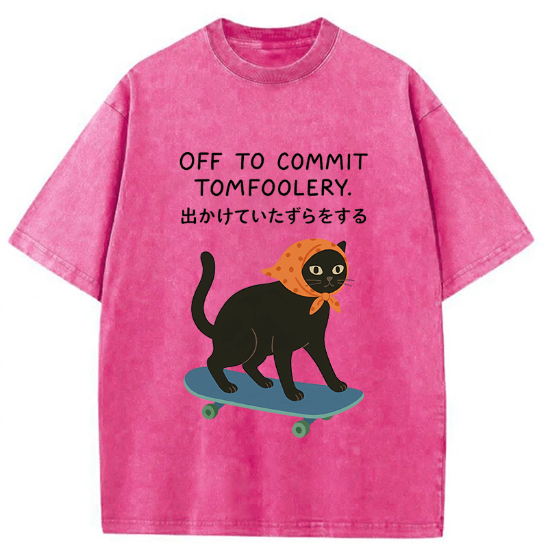 Tokyoviva Off To Commit Tomfoolery Digital Art Print Funny Black Cat Washed T-shirt