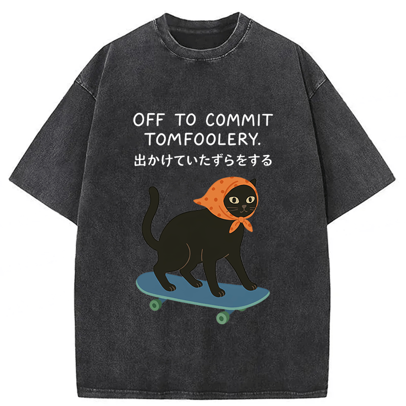 Tokyoviva Off To Commit Tomfoolery Digital Art Print Funny Black Cat Washed T-shirt