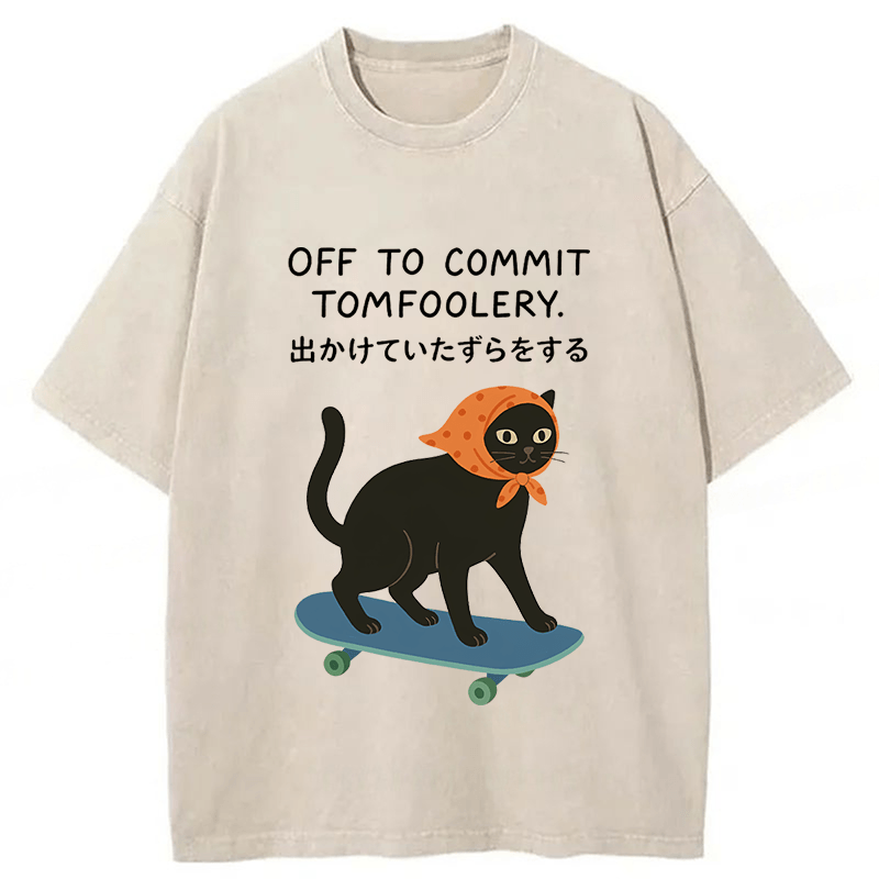 Tokyoviva Off To Commit Tomfoolery Digital Art Print Funny Black Cat Washed T-shirt