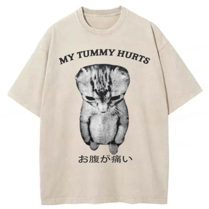 Tokyoviva Japanese Cat My Tummy Hurt Washed T-shirt