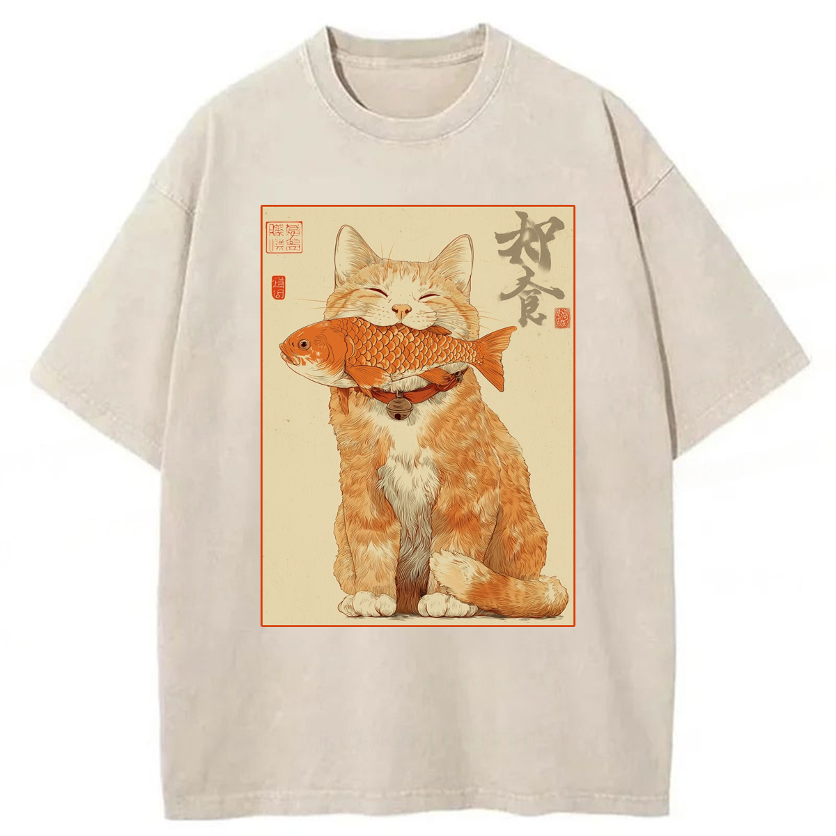Tokyoviva Cat Eat Fish Washed T-shirt