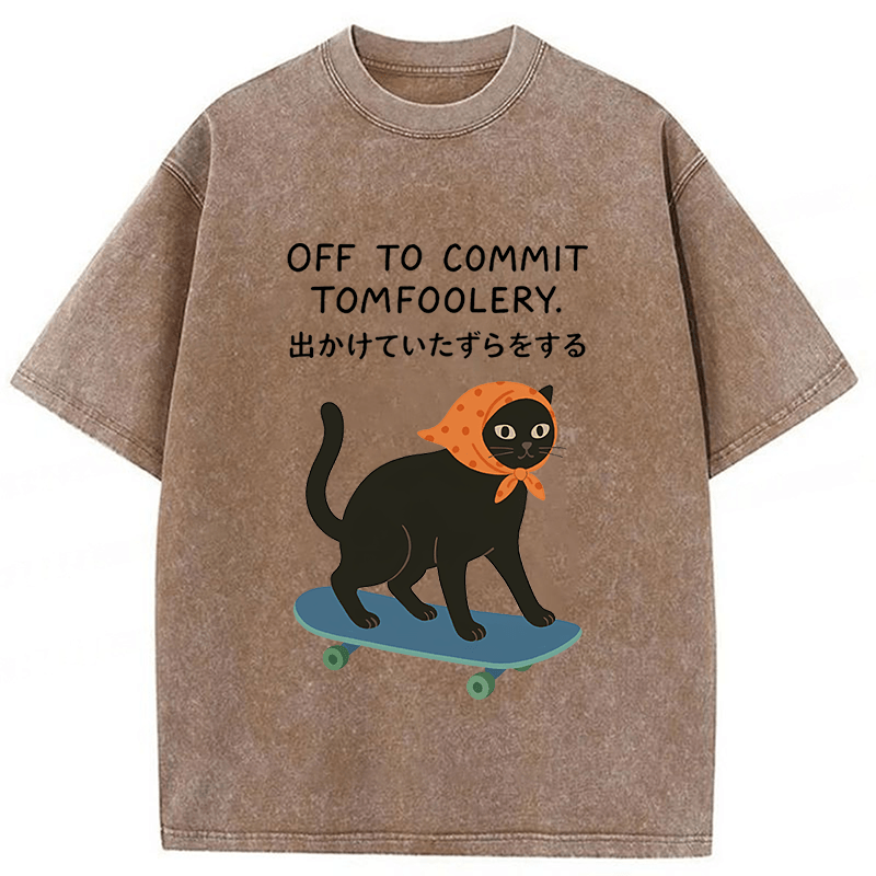 Tokyoviva Off To Commit Tomfoolery Digital Art Print Funny Black Cat Washed T-shirt