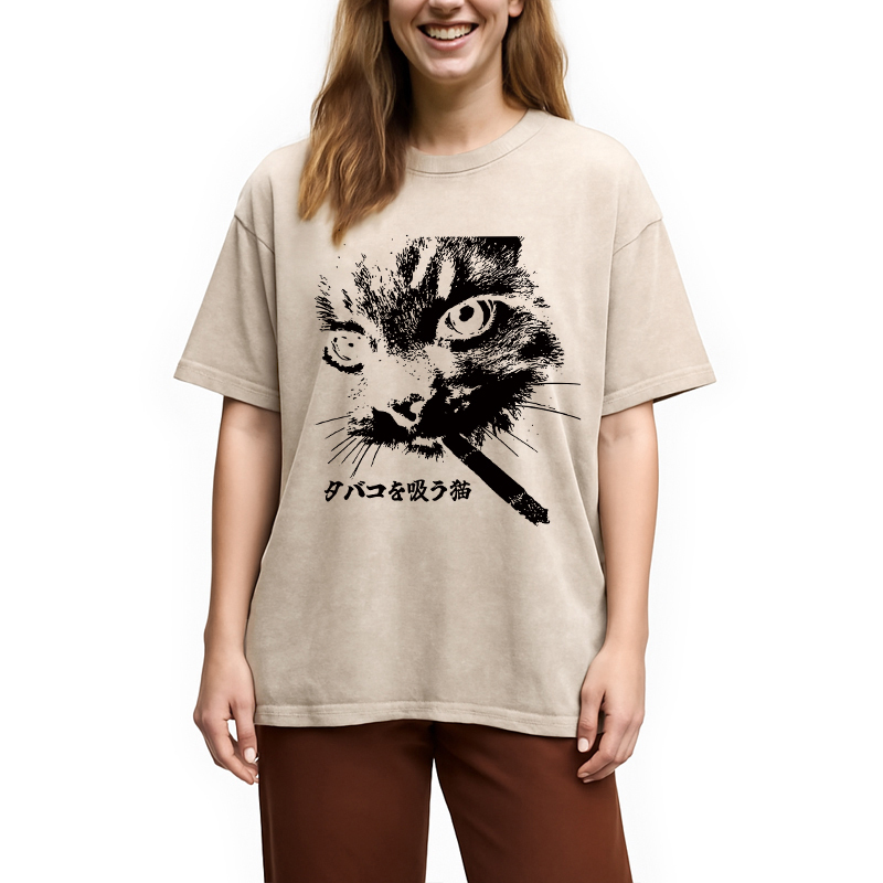 Retro Cat Smoking Washed T-Shirt