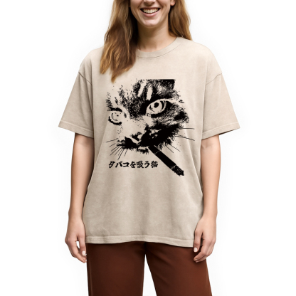 Retro Cat Smoking Washed T-Shirt