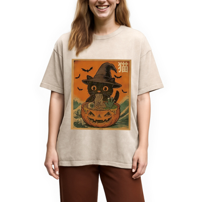Halloween Cat Eating Ramen Washed T-Shirt