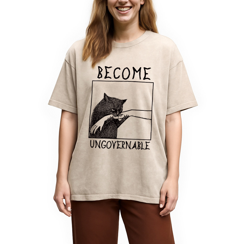 Cat Biting Arm Washed T-Shirt