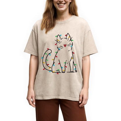 Japan Christmas Lights Cat Washed T-Shirt