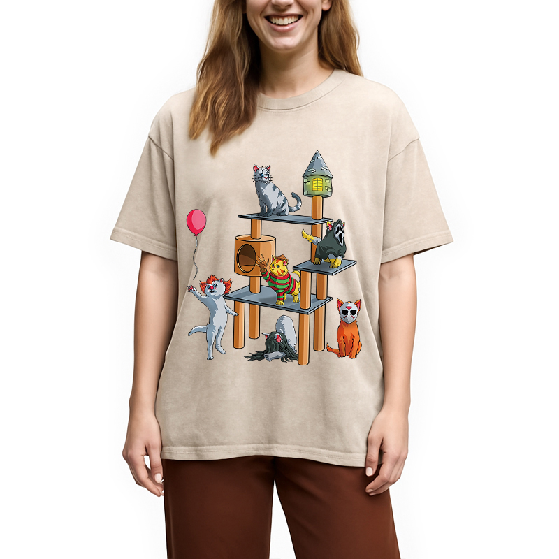 Funny Cat Horror Movies Cute Halloween Washed T-Shirt
