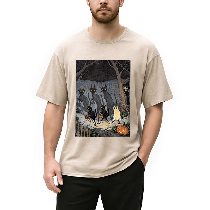 Black Cat Ghost Halloween Washed T-Shirt