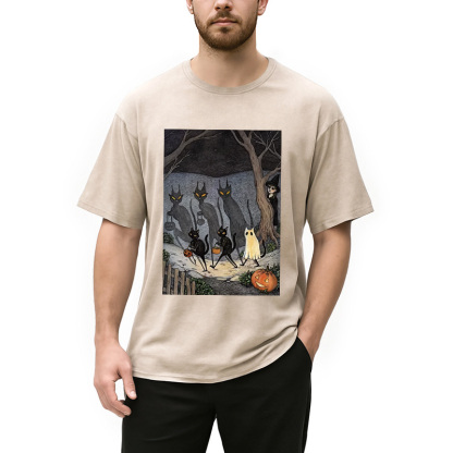 Black Cat Ghost Halloween Washed T-Shirt