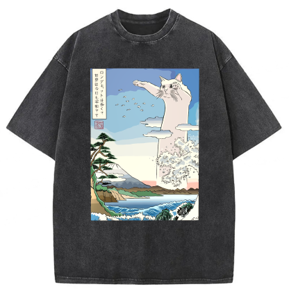 Tokyoviva Japanese Long Cat Ukiyo-e Washed T-shirt
