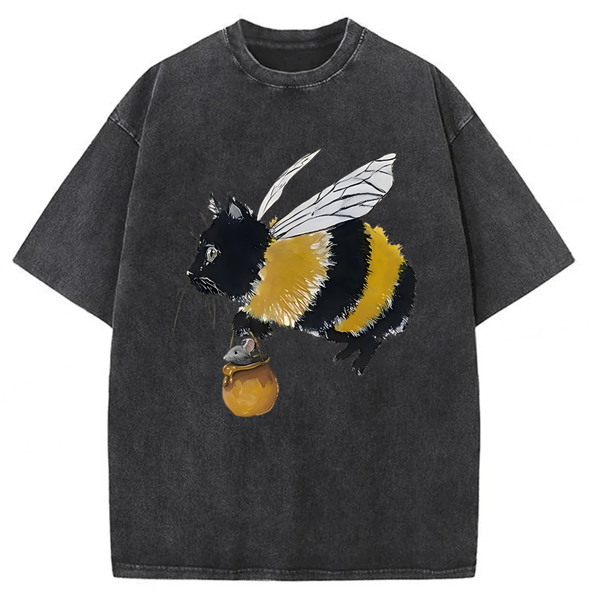 Tokyoviva Bee Cat Catching Mouse Washed T-shirt