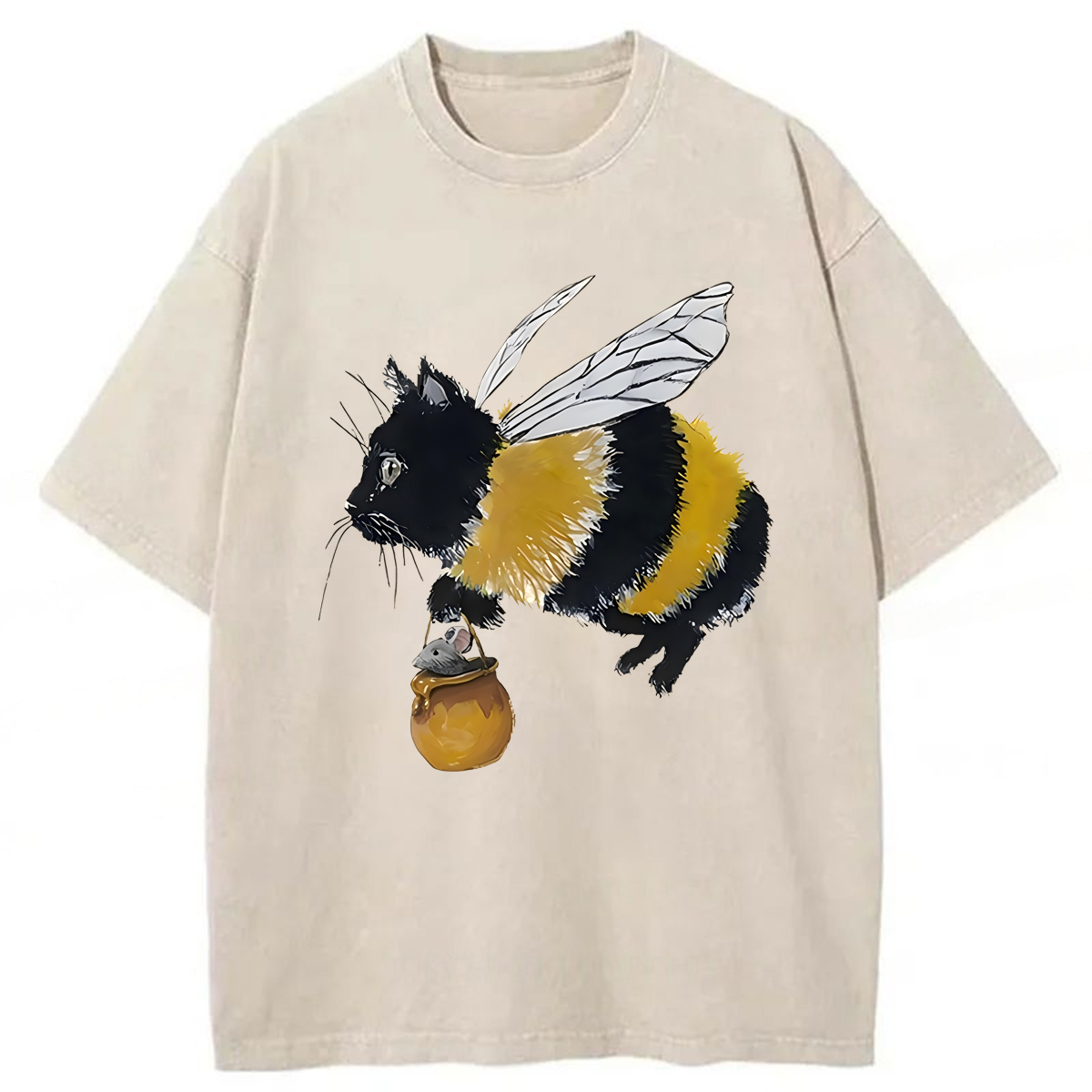 Tokyoviva Bee Cat Catching Mouse Washed T-shirt