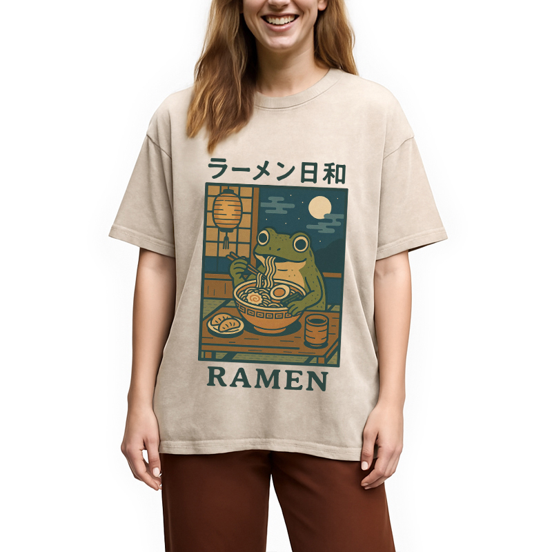 Japanese Frog Eating Ramen Washed T-Shirt