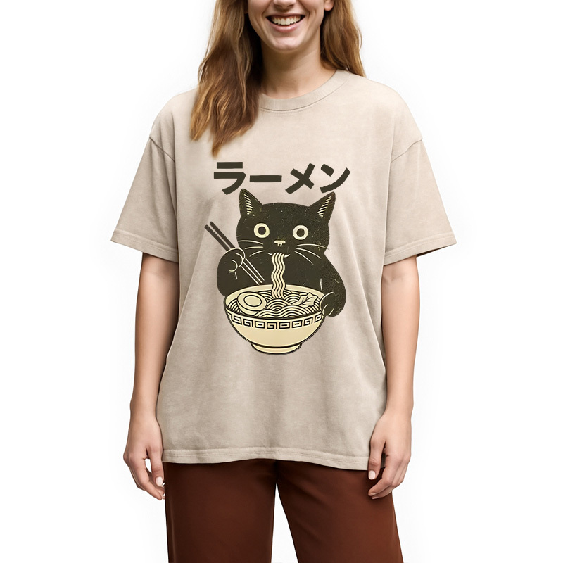 Simple Black Cat Eating Ramen Washed T-Shirt