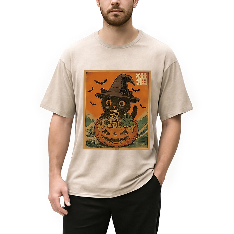 Halloween Cat Eating Ramen Washed T-Shirt