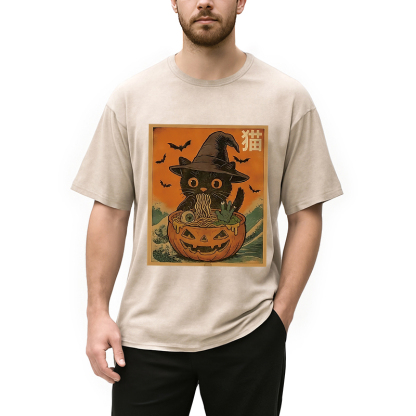 Halloween Cat Eating Ramen Washed T-Shirt