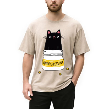 Cute Cat Antidepressant Funny Meme Washed T-Shirt