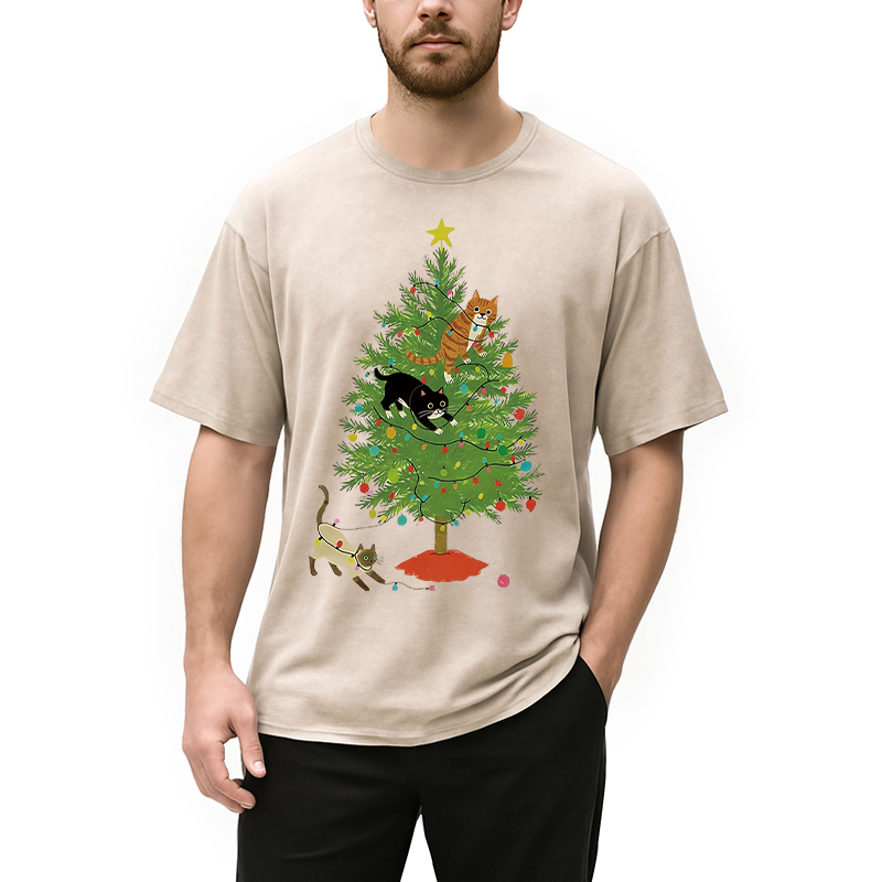 Cats Playing On The Christmas Tree Washed T-Shirt