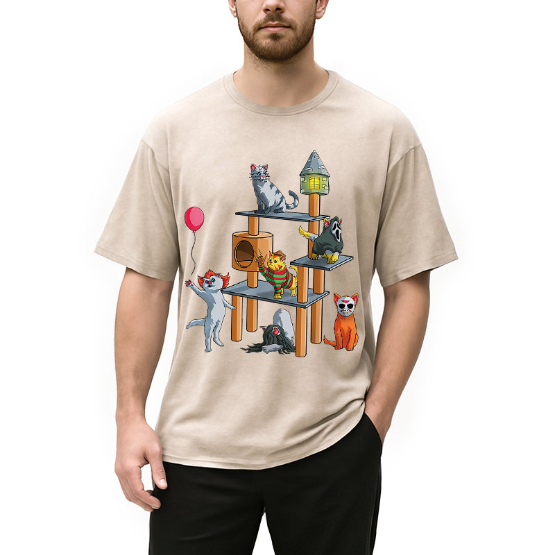 Funny Cat Horror Movies Cute Halloween Washed T-Shirt