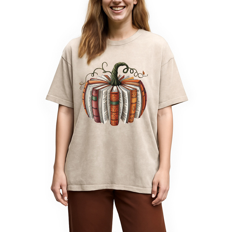 Fall Book Pumpkin Halloween Washed T-Shirt