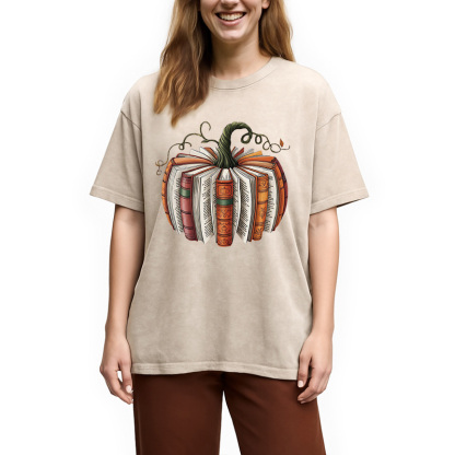 Fall Book Pumpkin Halloween Washed T-Shirt