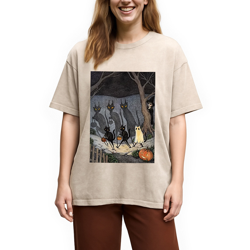 Black Cat Ghost Halloween Washed T-Shirt
