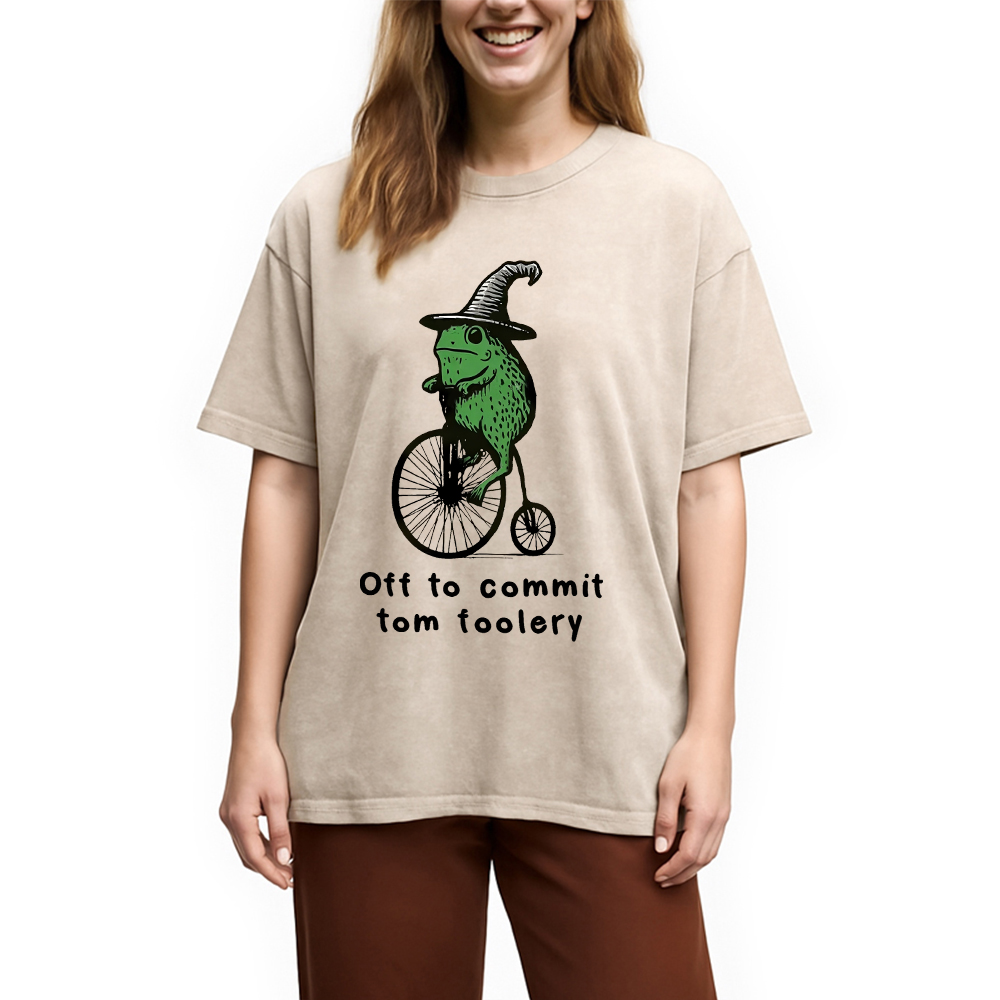 Frog Riding Penny-farthing Washed T-Shirt
