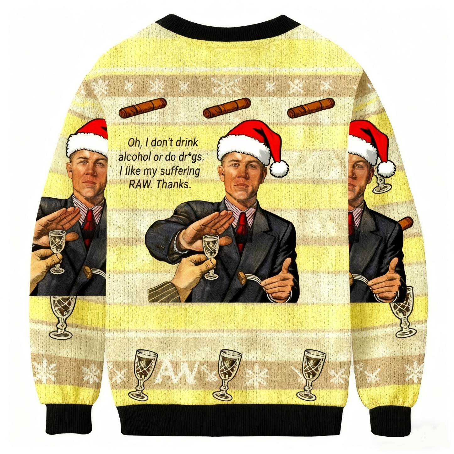 Man Rejecting Drink With 'I Like My Suffering RAW’ Christmas Ugly Sweatshirt