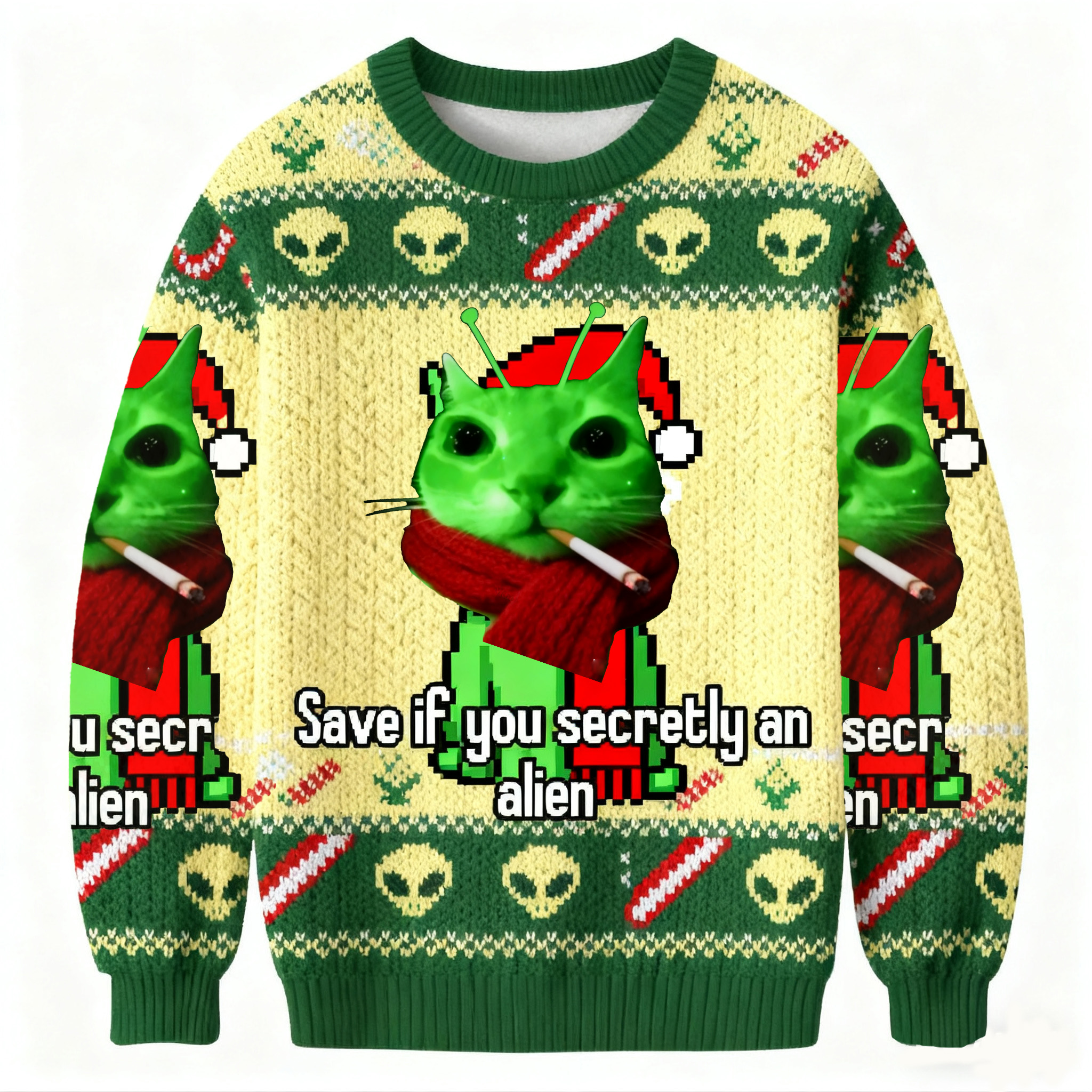 Save If You Secretly An Alien Smoing Cat Meme Christmas Ugly Sweatshirt
