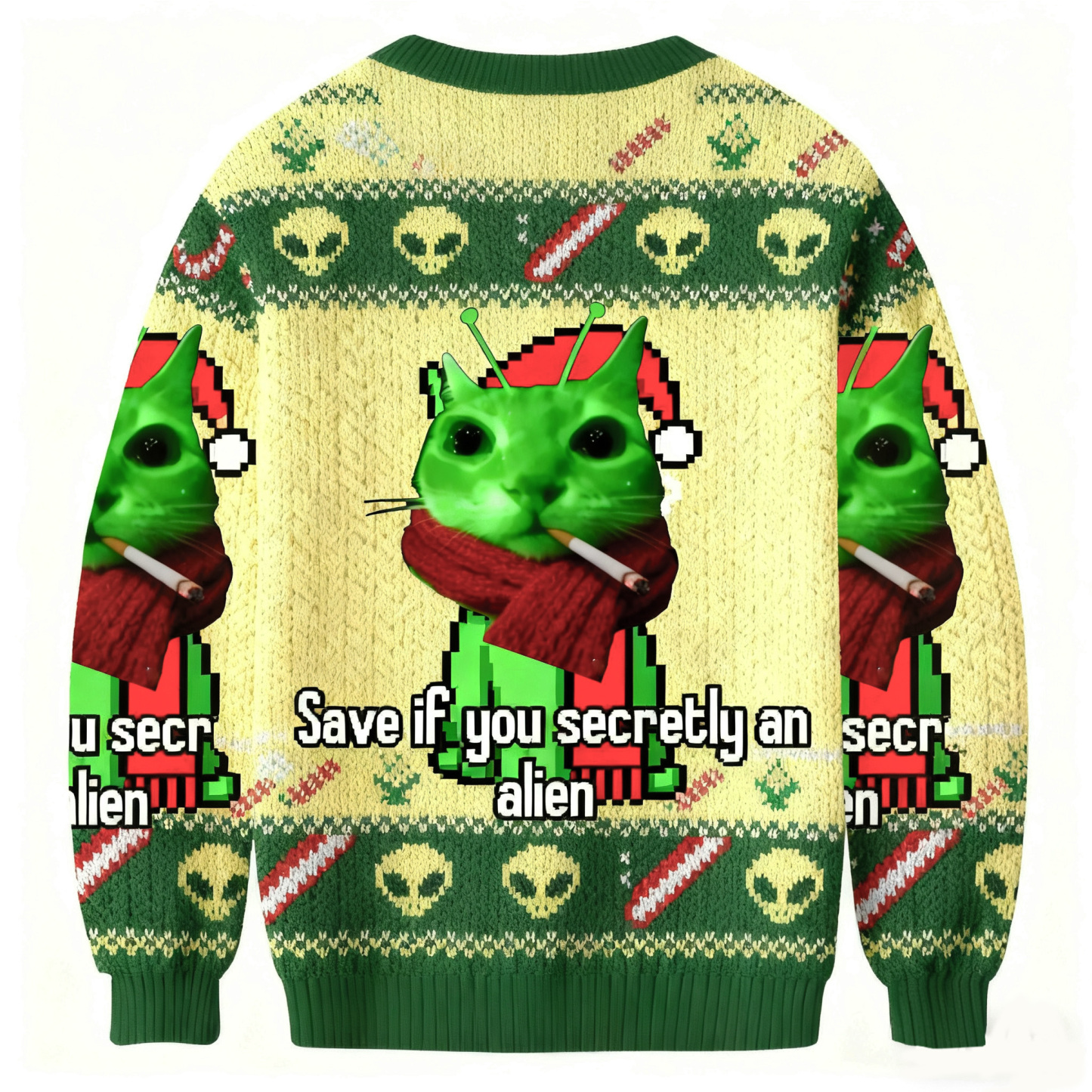 Save If You Secretly An Alien Smoing Cat Meme Christmas Ugly Sweatshirt