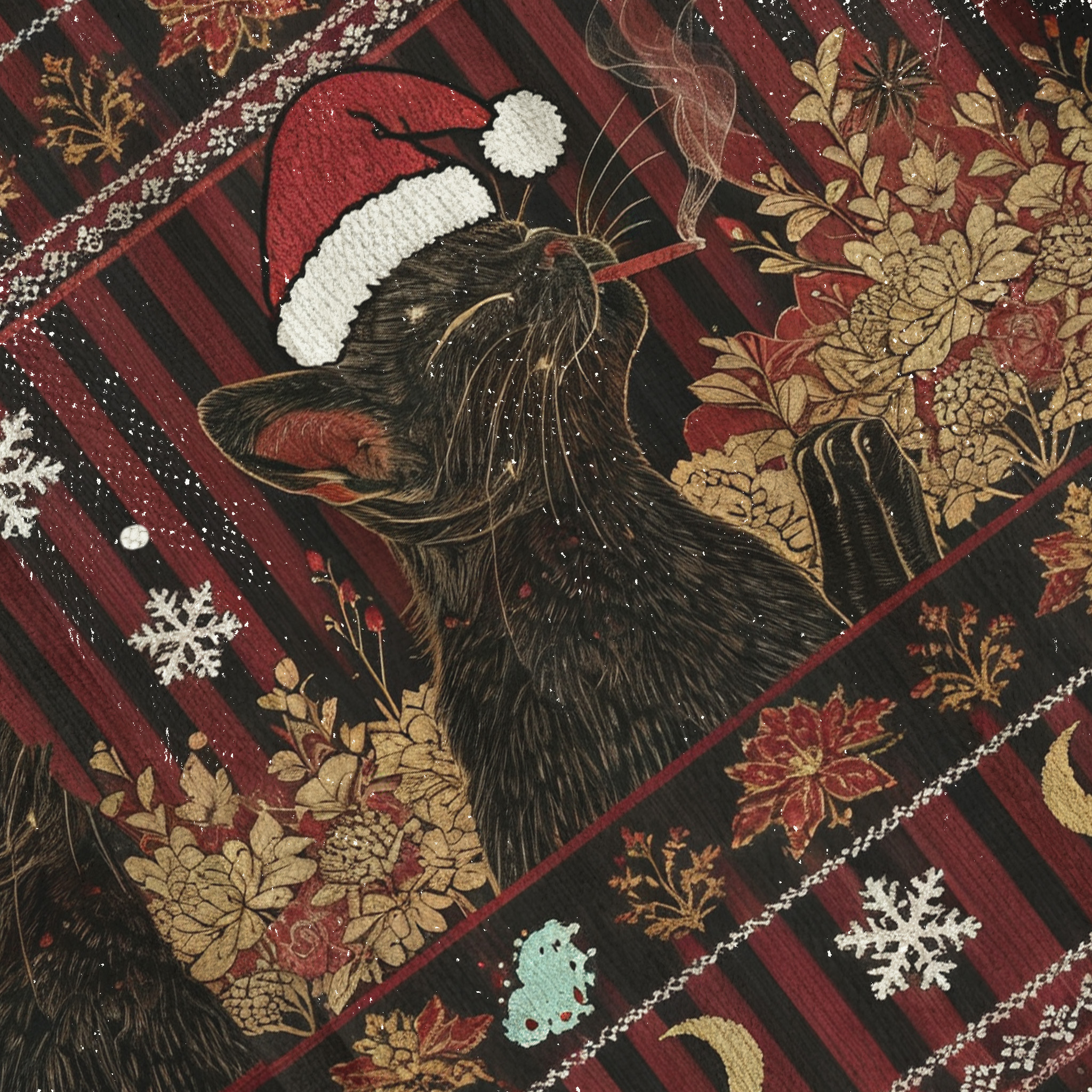 Cool Black Cat Smoking In Artistic Floral Scene Ugly Sweatshirt