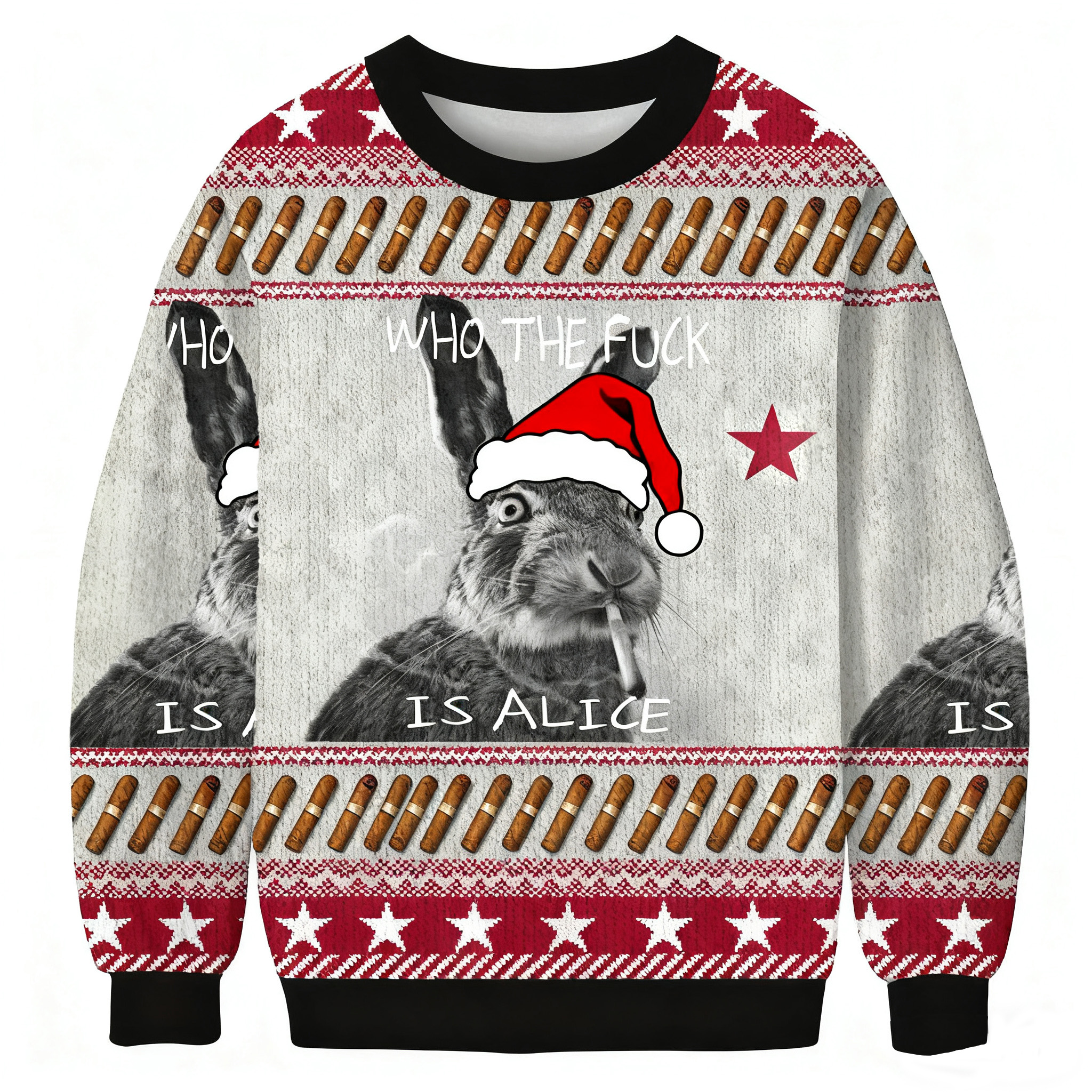 Who The Fuck Is Alice Funny Smoking Rabbit Meme Christmas Ugly Sweatshirt