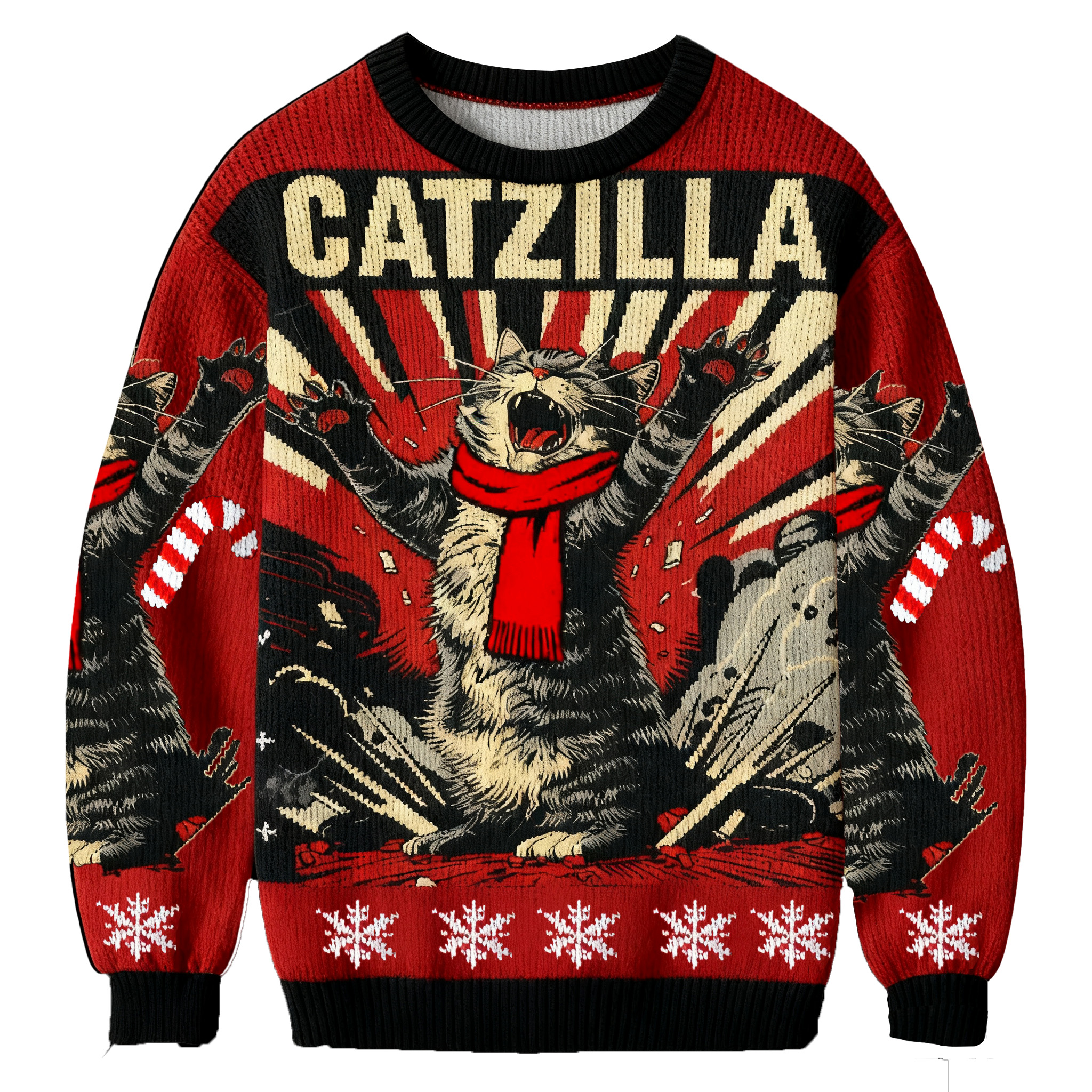 Catzilla: Roaring Funny Cat In Retro Poster ChristmasUgly Sweatshirt
