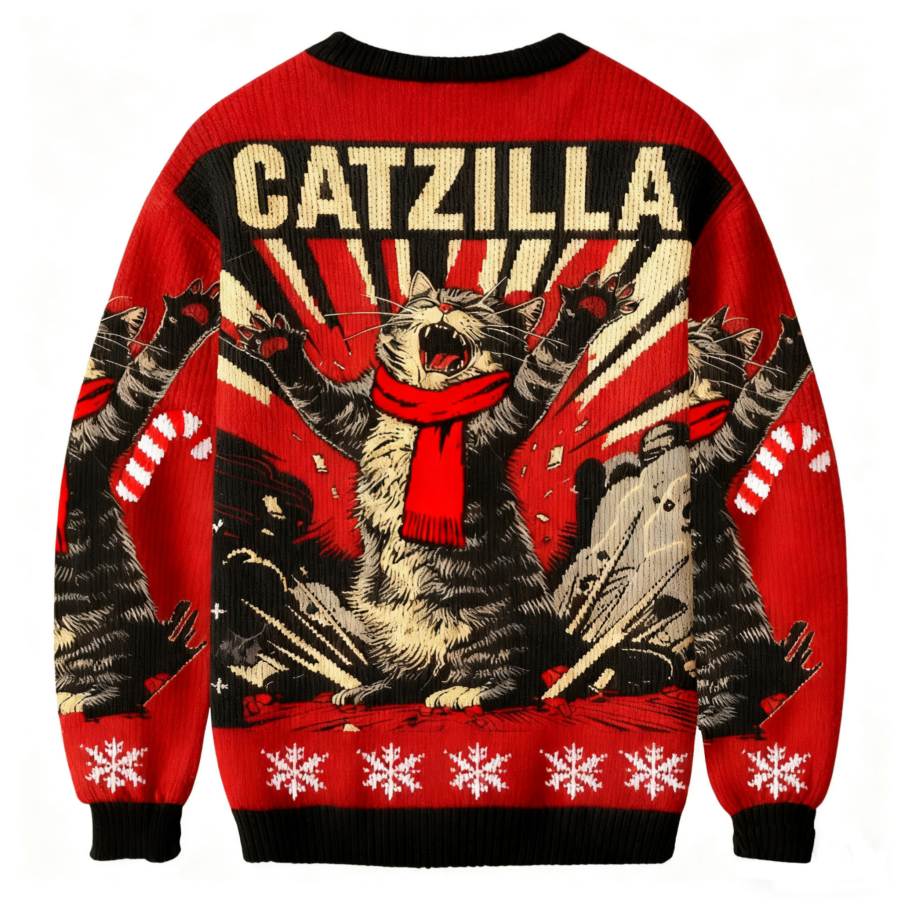 Catzilla: Roaring Funny Cat In Retro Poster ChristmasUgly Sweatshirt