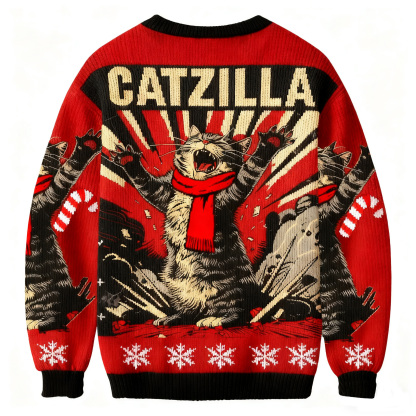 Catzilla: Roaring Funny Cat In Retro Poster ChristmasUgly Sweatshirt