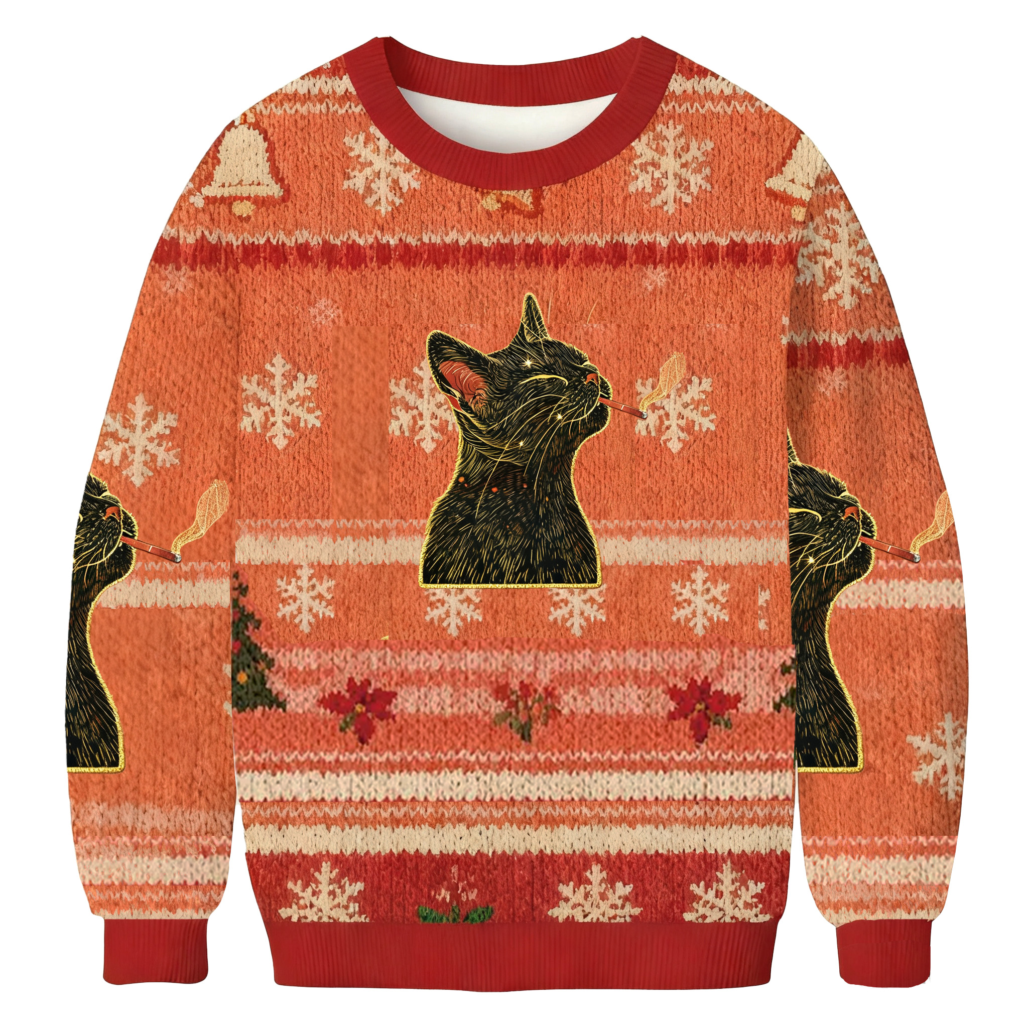 Cool Black Cat Smoking In Artistic Floral Scene Ugly Sweatshirt