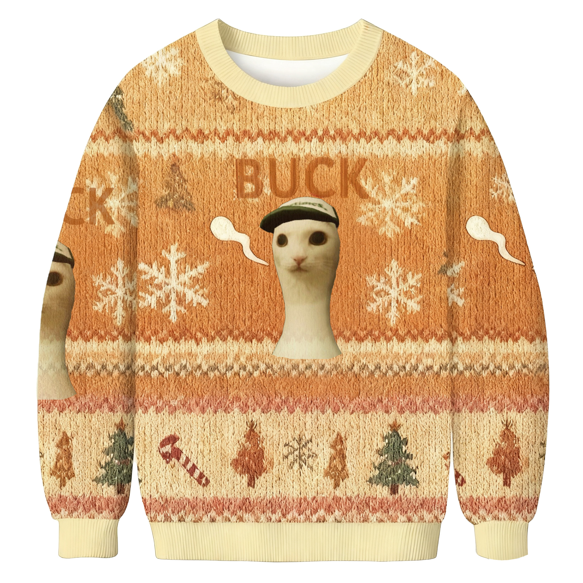 Cap Wearing Cat Buck Meme Christmas Ugly Sweatshirt